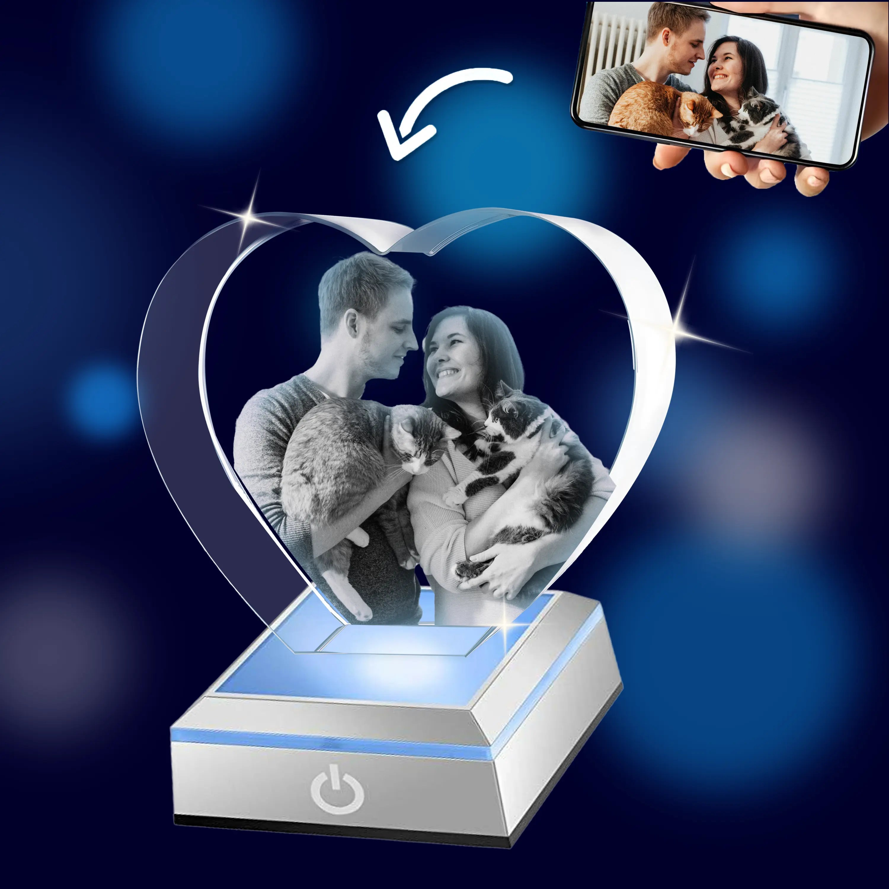 3D Crystal Photo Heart Shape with Light Base PawCrystal