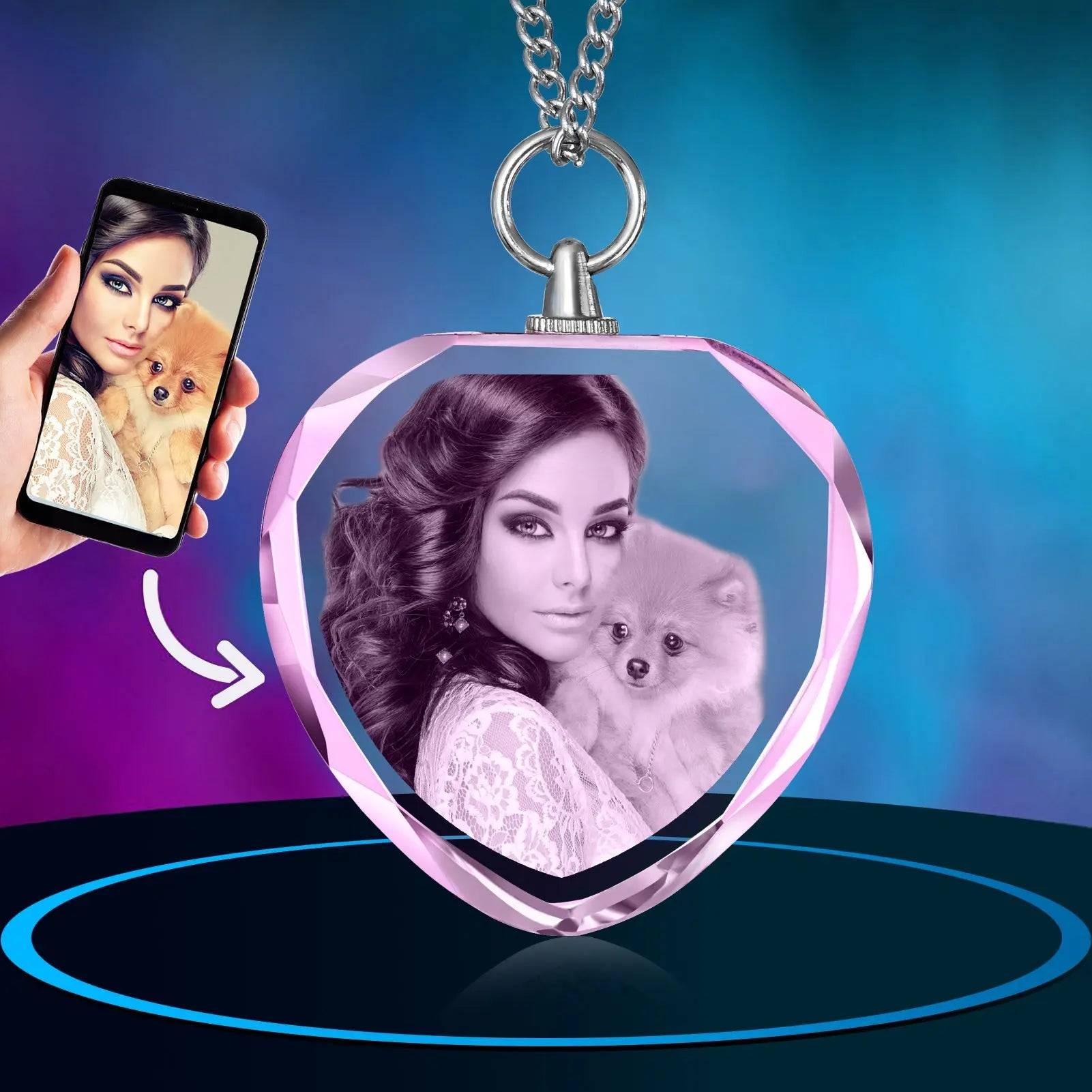 3D Crystal Photo Necklace Pink Heart Shape PawCrystal