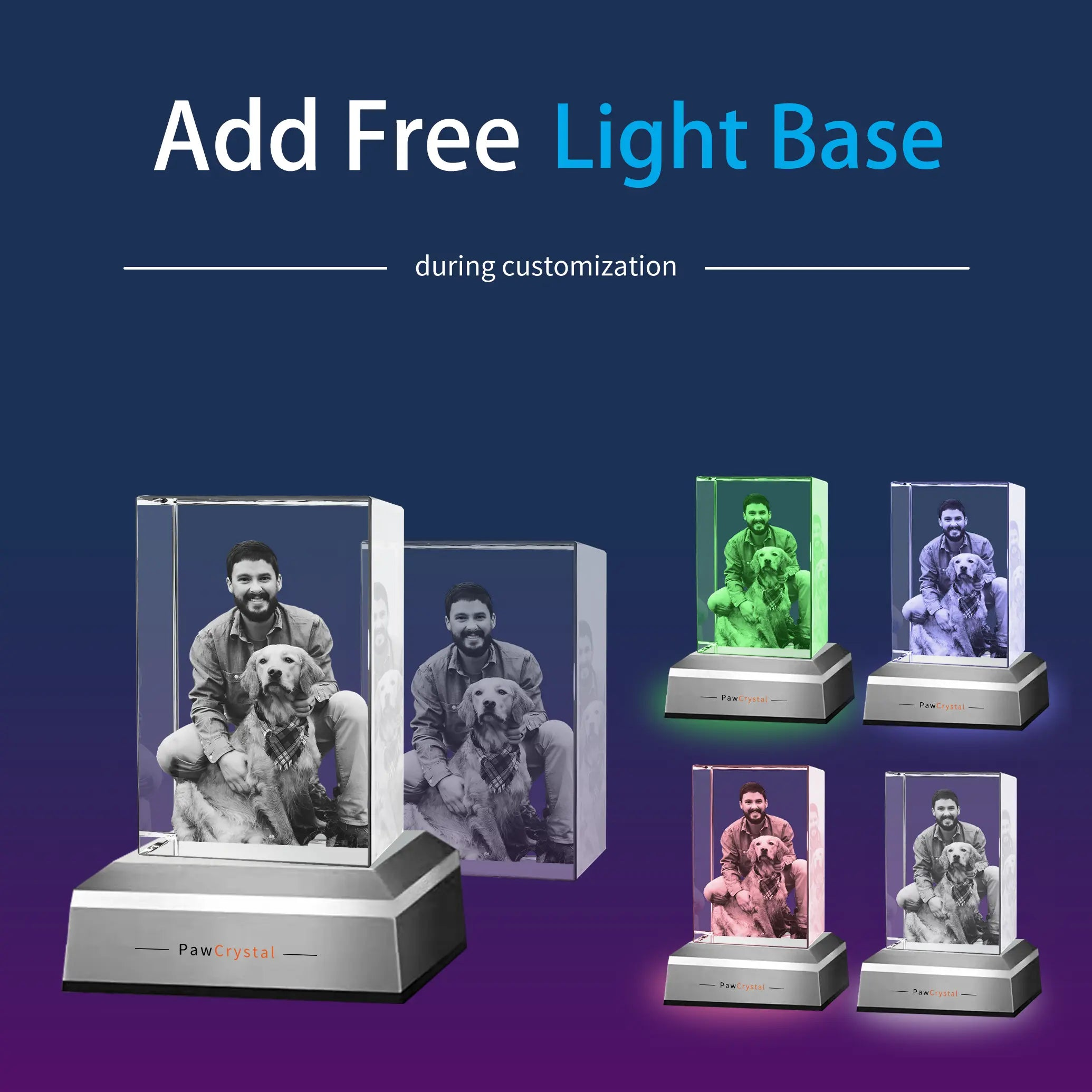 3D Crystal Photo Rectangle with Light Base PawCrystal